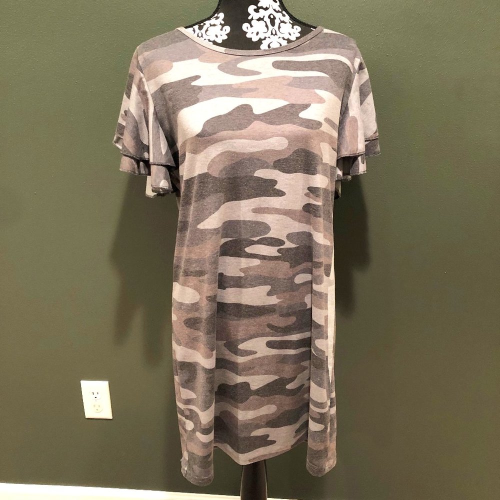 Boutique Camo Straight Dress with Double Layer Ruffle Sleeve